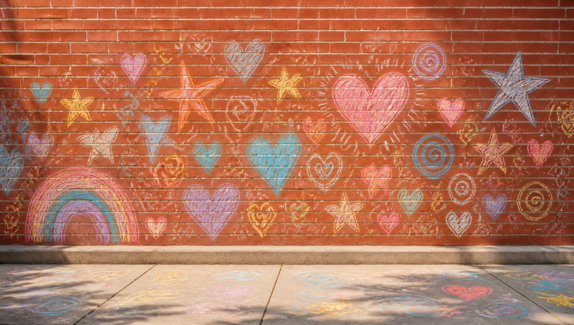 Brick school wall covered in children's chalk drawings